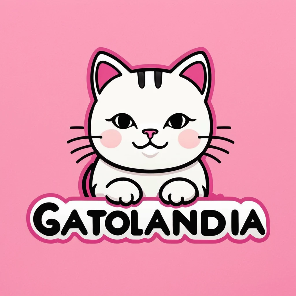 ("Gatolandia" text logo:1.5), a cat , side view, white, black, white text, wrapped text, line art, pink background