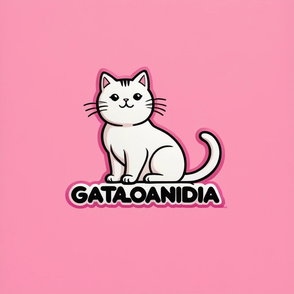 ("Gatolandia" text logo:1.5), a cat , side view, white, black, white text, wrapped text, line art, pink background