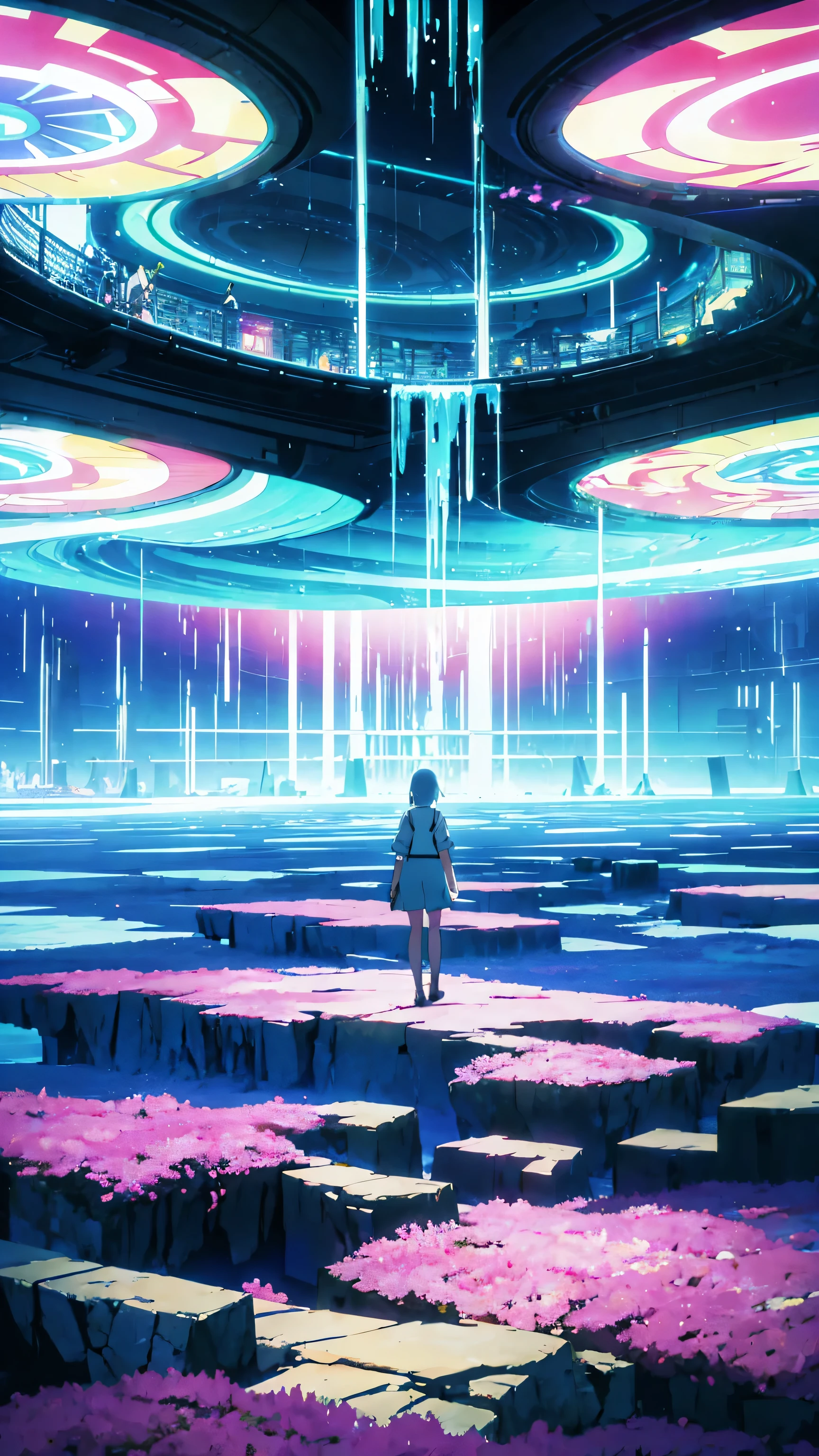 Anime key visual, Masterpiece landscapes,One girl, From Atlantis city, Complex background, foggy condition, cyberdelic, Bloom Light, Macro Lens, Tsuchida Style, Colorful Splash