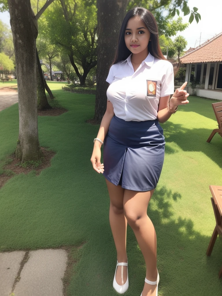 1girl, (Indonesian_high_school_uniform), standing, outdoors, detailed face, detailed eyes, huge breasts, thick thighs, full body, tall body, very sexy, very short skirt, wide view, from below, shiny skin, looking at the audience,(8k, RAW photo, best quality, masterpiece: 1.2), (realistic, realistic: 1.37), ultra-high resolution