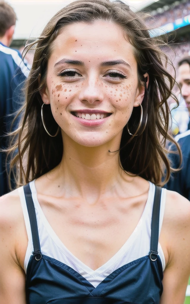 Generate a high-quality, realistic image of a couple's face, smiling at a football stadium celebration in street clothes. The image must be detailed, with neutral lighting, a generic background, with a smiling facial expression, so that it can be easily adjusted and improved in Photoshop. Also, include natural imperfections on the faces (like pimples, freckles, blemishes), nothing exaggerated so I can edit these details in photoshop. These images will be used for editing in a portfolio, so it is important that they are well defined and have high resolution. HD, 300pix/in