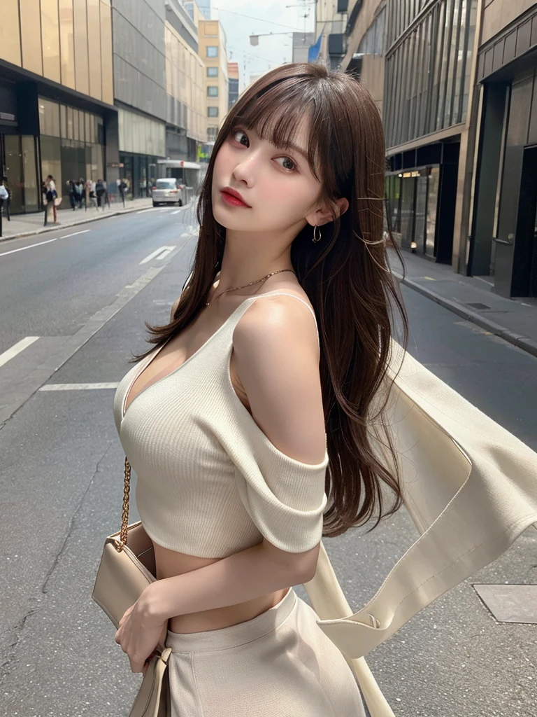 Top quality, realistic, (high resolution: 1.2), (perfect anatomy) high resolution, comprehensive cinematic, 8K, (perfect body female: 1.3), (full body), highly detailed face and eyes, random long hair, (dark brown hair: 1.2), (with bangs) age 20, large breasts, accentuated cleavage, (wearing a white crop top and beige skirt, with a white bag on a chain strap draped over her shoulder)), street background, (looking back pose), (portrait), (taking a selfie with arms outstretched towards the viewer)