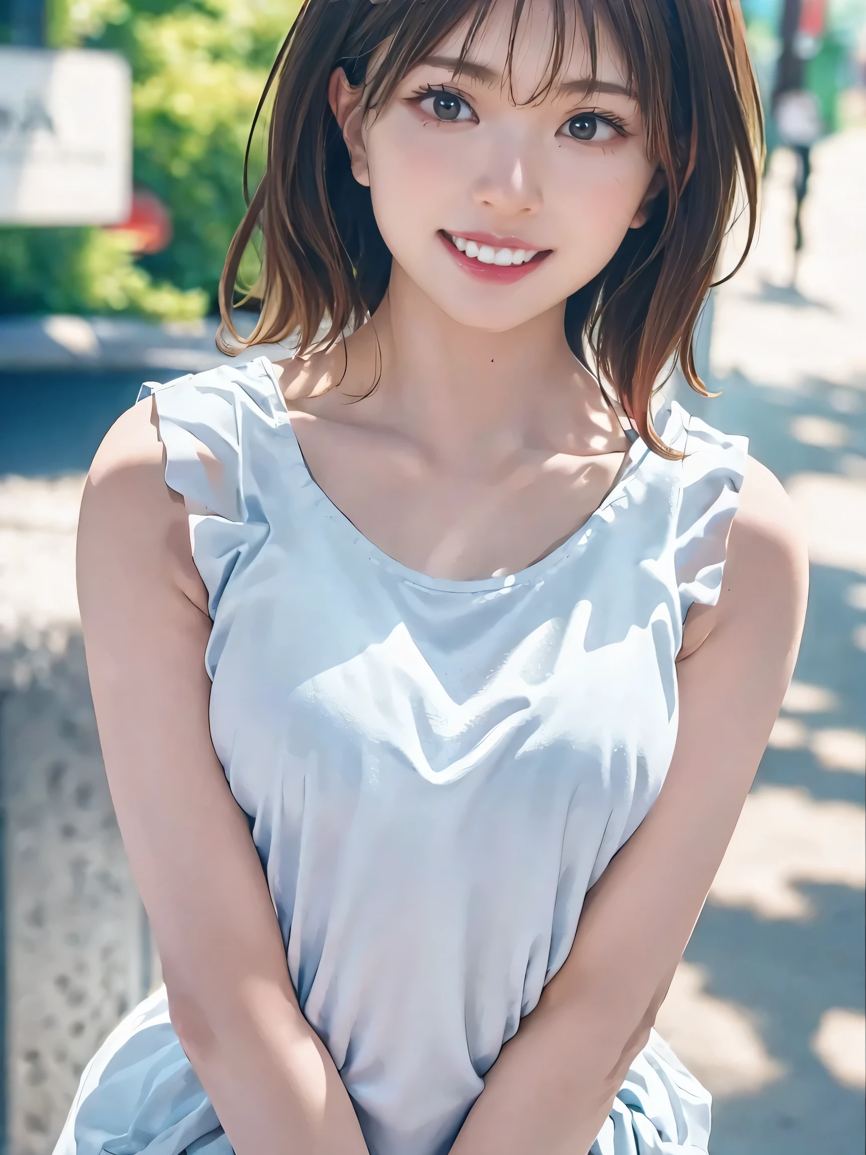 1girl, woman, 25 years old woman, girl in summer clothes, beautiful, medium breasts, flirtatious look, ((very detailed)), (perfectly detailed face), (well detailed hand), photorealistic image, high res, 1girl, woman, ((tanktop jersey:1.78)), looking at viewer:1.8, (1girl eyes looking at viewer:1.55), camisole, Upper body, Plain costumes, Simple Background, Emphasis on the chest, Hands behind the body, White outfit, photorealistic, (bokeh), best quality, 8k, UHD, UHD