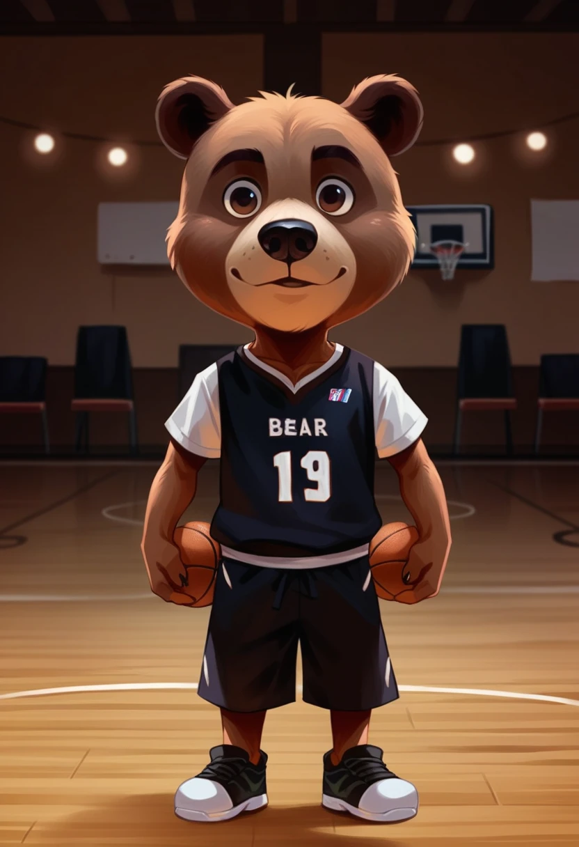 Strong bear with a black basketball jersey