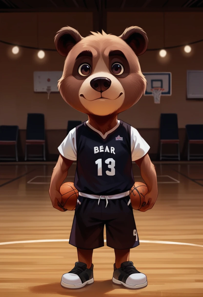 Strong bear with a black basketball jersey