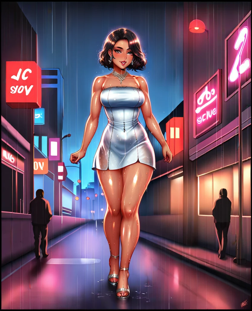 a beautiful cyborg woman, intricate details, masterpiece, absurdres, beautiful figure, slim body, magnificent anatomy, intricate details:1.12, HDR, intricate details, hyper-detailing:1.15, natural skin textures, hyper realistic, soft light, sharp:1.2, walking through a crowded city street, squatting, wet dress, performance, defile, cityscape, modern architecture, neon lights, rainy environment, reflective surfaces, dramatic lighting, heavy rain, raindrops, downpour, wet hair, wet pussy