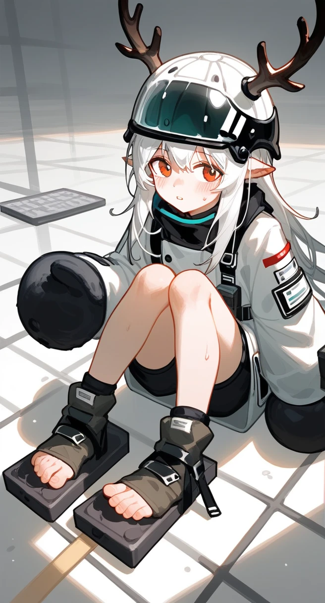 punctuation_9,punctuation_8_High above,punctuation_7_High above,1 girl,muddy stone (arknights),grimy,feet,mitts,helmet,antlers,flooras,Eyes red,Bare feet,pointy ears,breastsout,standing alone,long hair,White hair,black mitts,Toes,helmet de segurança,foco nos feet,gazing at viewer,sitting down,sweat,parted lips,grimy feet,containment,plein-air,sky,bangss,oripathy lesion (arknights),giorno,ssmile,blush,demon antlers,infection monitor (arknights),foreshortening,floor,