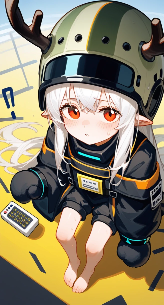 punctuation_9,punctuation_8_High above,punctuation_7_High above,1 girl,muddy stone (arknights),grimy,feet,mitts,helmet,antlers,flooras,Eyes red,Bare feet,pointy ears,breastsout,standing alone,long hair,White hair,black mitts,Toes,helmet de segurança,foco nos feet,gazing at viewer,sitting down,sweat,parted lips,grimy feet,containment,plein-air,sky,bangss,oripathy lesion (arknights),giorno,ssmile,blush,demon antlers,infection monitor (arknights),foreshortening,floor,