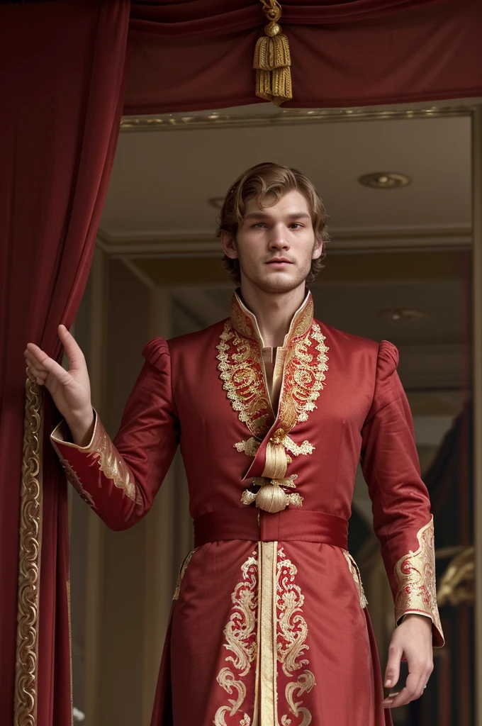 a man in a red and gold costume in front of a window, imperial royal elegant clothes, Majestade em roupas nobres, aristocratic clothes, red and gold sumptuous garb, wearing gilded red royal robes, very detailed and rich clothing, dressed as emperor, cute androgynous prince, royal outfit, ornate dark red opulent clothing, French emperor, aristocratic appearance Alex Pettyfer