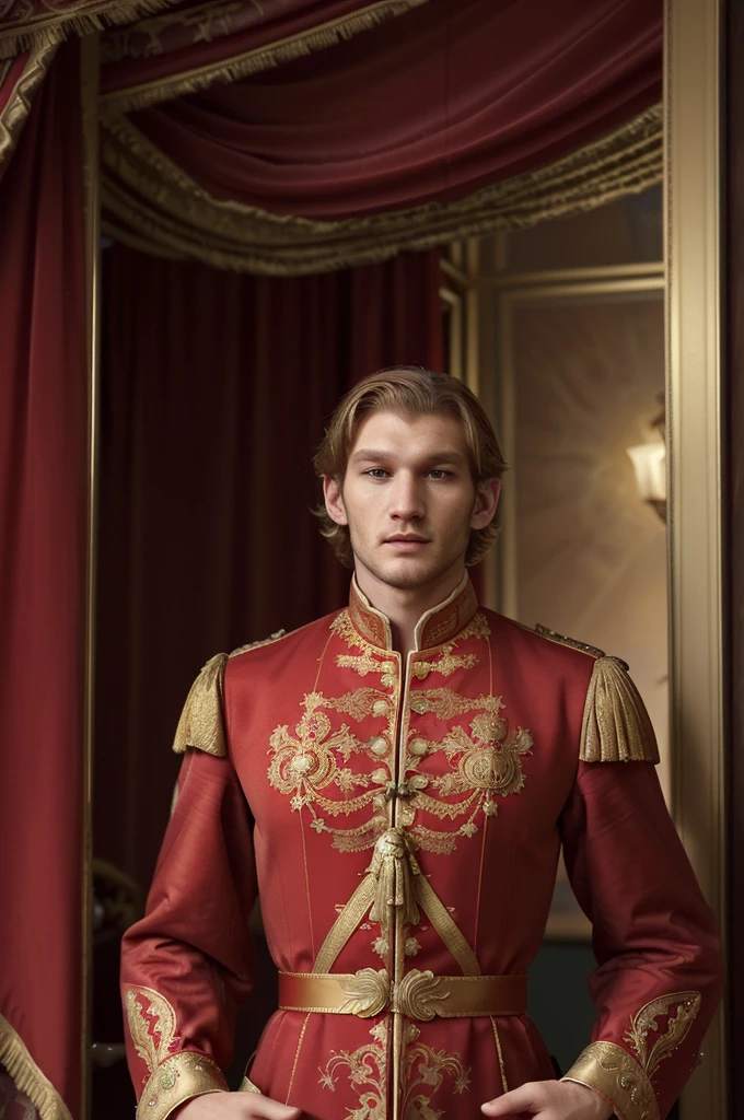 a man in a red and gold costume in front of a window, imperial royal elegant clothes, Majestade em roupas nobres, aristocratic clothes, red and gold sumptuous garb, wearing gilded red royal robes, very detailed and rich clothing, dressed as emperor, cute androgynous prince, royal outfit, ornate dark red opulent clothing, French emperor, aristocratic appearance Alex Pettyfer