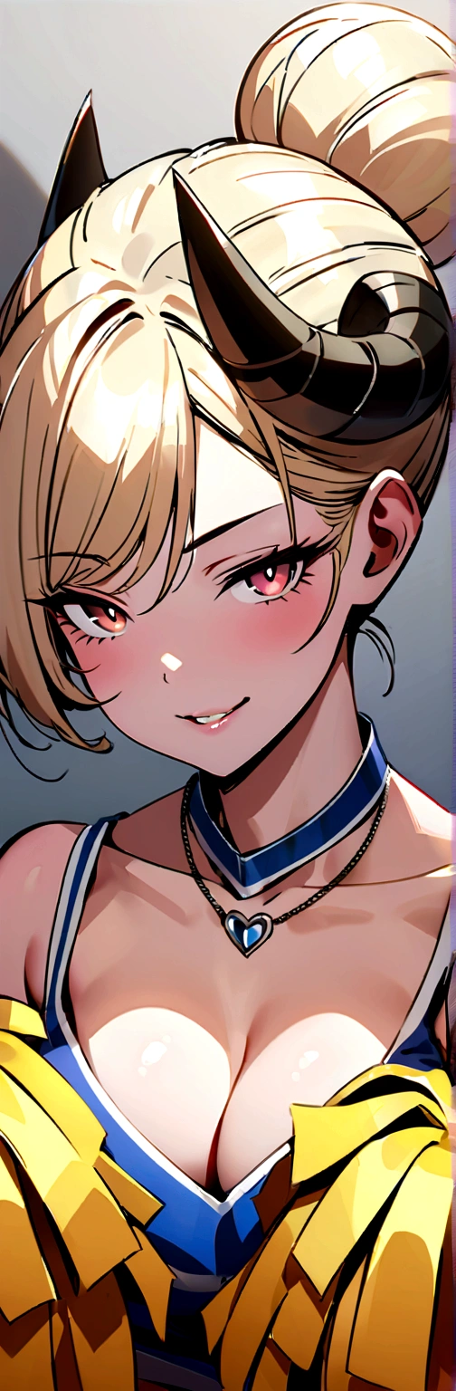 cheerleader, seductive smile, c cup , with black small demon horns, bun hairstyle, wearing necklace, 
