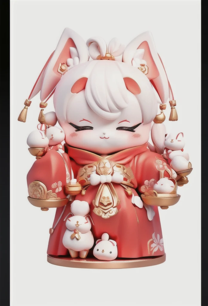 A cute white rabbit,Wearing red Chinese chef clothes,Measurements Modeling,Three View,Respectively, the positive side,side,back,Coordination of the five senses,No variety,3D Effect,Terracotta material,The head and body are made of two strings of copper coins