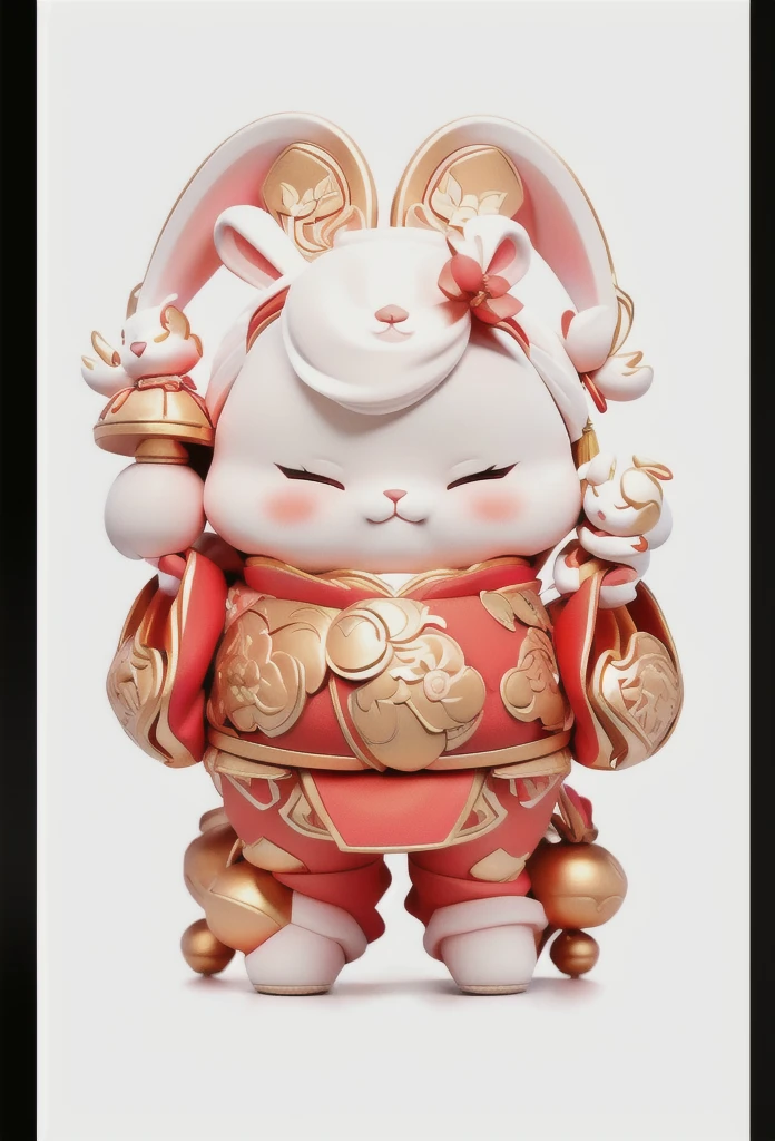 A cute white rabbit,Wearing red Chinese chef clothes,Measurements Modeling,Three View,Respectively, the positive side,side,back,Coordination of the five senses,No variety,3D Effect,Terracotta material,The head and body are made of two strings of copper coins