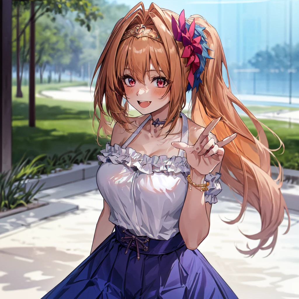 Daiwa Scarlet、cute hair accessorieasterpiece:1.2, Highest quality), (Realistic, photoRealistic:1.4), Beautiful illustrations, (Natural Side Lighting, Cinema Lighting), View your viewers, One girl, Idol Sculpture, high school girl, Perfect Face, Cute and symmetrical face, Sunburn, Shiny skin, thin, (short hair:1.2, Side Ponytail:1.2, Blonde), Parted bangs, Golden Eyes, Long eyelashes, (Large Breasts:0.6), Beautiful Hair, Beautiful Face, Beautiful attention to detail, Beautiful clavicle, Beautiful body, Beautiful breasts, Beautiful fingers, , choker, Wrist Chakra), (Beautiful views), Tropical beach, (Cute smile),Open your mouth、Cute double teeth、