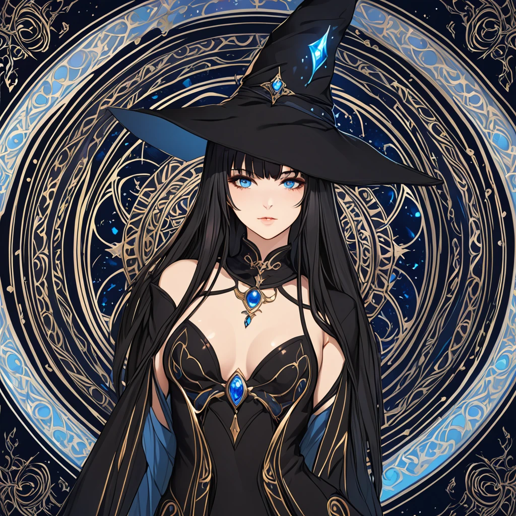 masterpiece, best quality, 1woman adult, female focus, solo, black hair, vibrant blue eyes, long hair, looking at viewer, closed mouth, bangs, Fantasy aesthetics, Highly detailed, shadowverse style, black attire, sorceress
