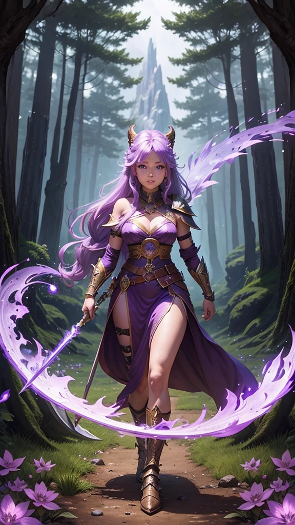 Magical warrior, spell user in the Amethyst forest, wide view, view of the scenery
