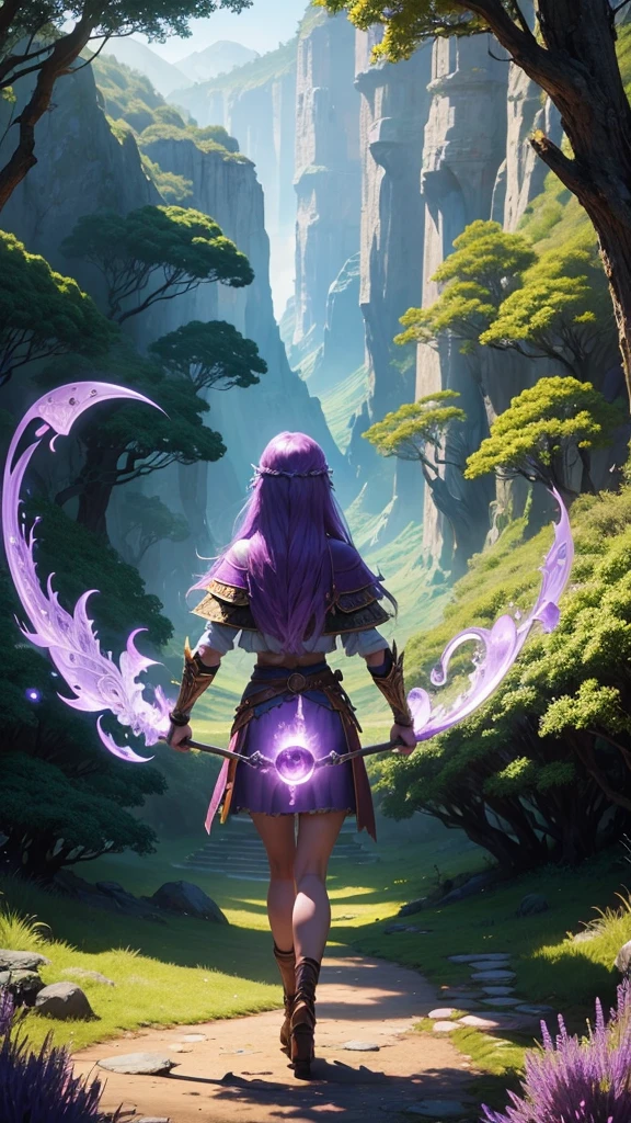 Magical warrior, spell user in the Amethyst forest, wide view, view of the scenery