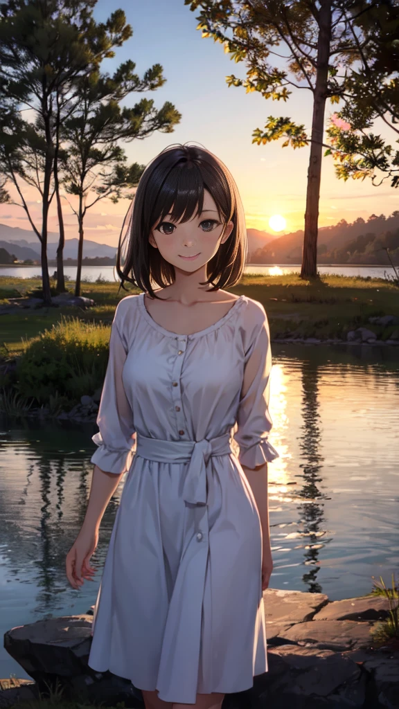 1girl, mature female, sunset, lake, forest, smile