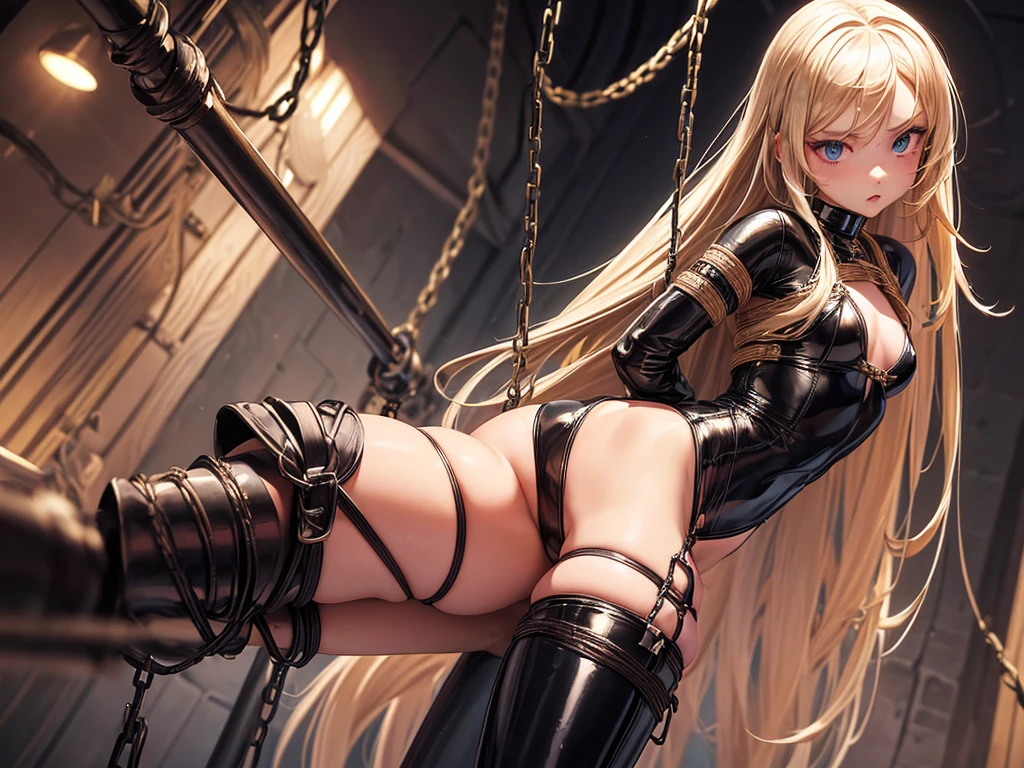 (depict girl in bondage, long blond hair, straight hair), outside, small breasts, shy, clever, latex leotard (((bondage))), (bound with chains), (arms behind back), (chains around hips), (Masterpiece, Excellent, complex details), delicate girl, delicate face,