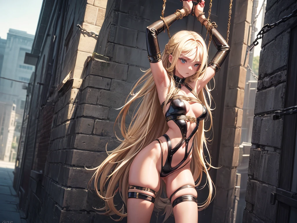(depict girl in bondage, long blond hair, straight hair), outside, small breasts, shy, clever, latex leotard (((bondage))), (bound with chains), (arms behind back), (chains around hips), (Masterpiece, Excellent, complex details), delicate girl, delicate face,