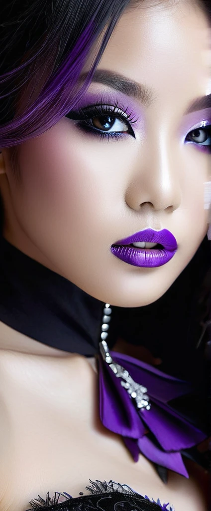 Sublime very sexy Asian woman, Detailed lips, detailed eyes, detailed eyelash, detailed face, sublime and detailed body, long cheveux violet, visage de séduction, ((violet make-up)), photo du milieu du corps, ((porter un costume)),(( Une cravate violette, photo noir et blanc et violet, only black and white and purple photo)), (((photo noir et blanc et violet : 2.0, only black and white and purple photo :2.0, purple only on iris and make-up and hair, b/w, b&w))) 