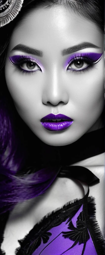 Sublime very sexy Asian woman, Detailed lips, detailed eyes, detailed eyelash, detailed face, sublime and detailed body, long cheveux violet, visage de séduction, ((violet make-up)), photo du milieu du corps, ((porter un costume)),(( Une cravate violette, photo noir et blanc et violet, only black and white and purple photo)), (((photo noir et blanc et violet : 2.0, only black and white and purple photo :2.0, purple only on iris and make-up and hair, b/w, b&w))) 