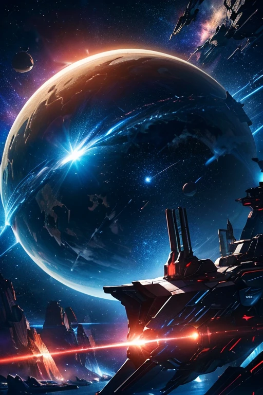 Huge asymmetrical futuristic sci-fi space battleship surrounding a planet, powerful laser cannons at the planets, epic cosmic space battle, highly detailed, cinematic lighting, dramatic composition, vibrant colors, sharp focus, photorealistic, 8k, best quality
