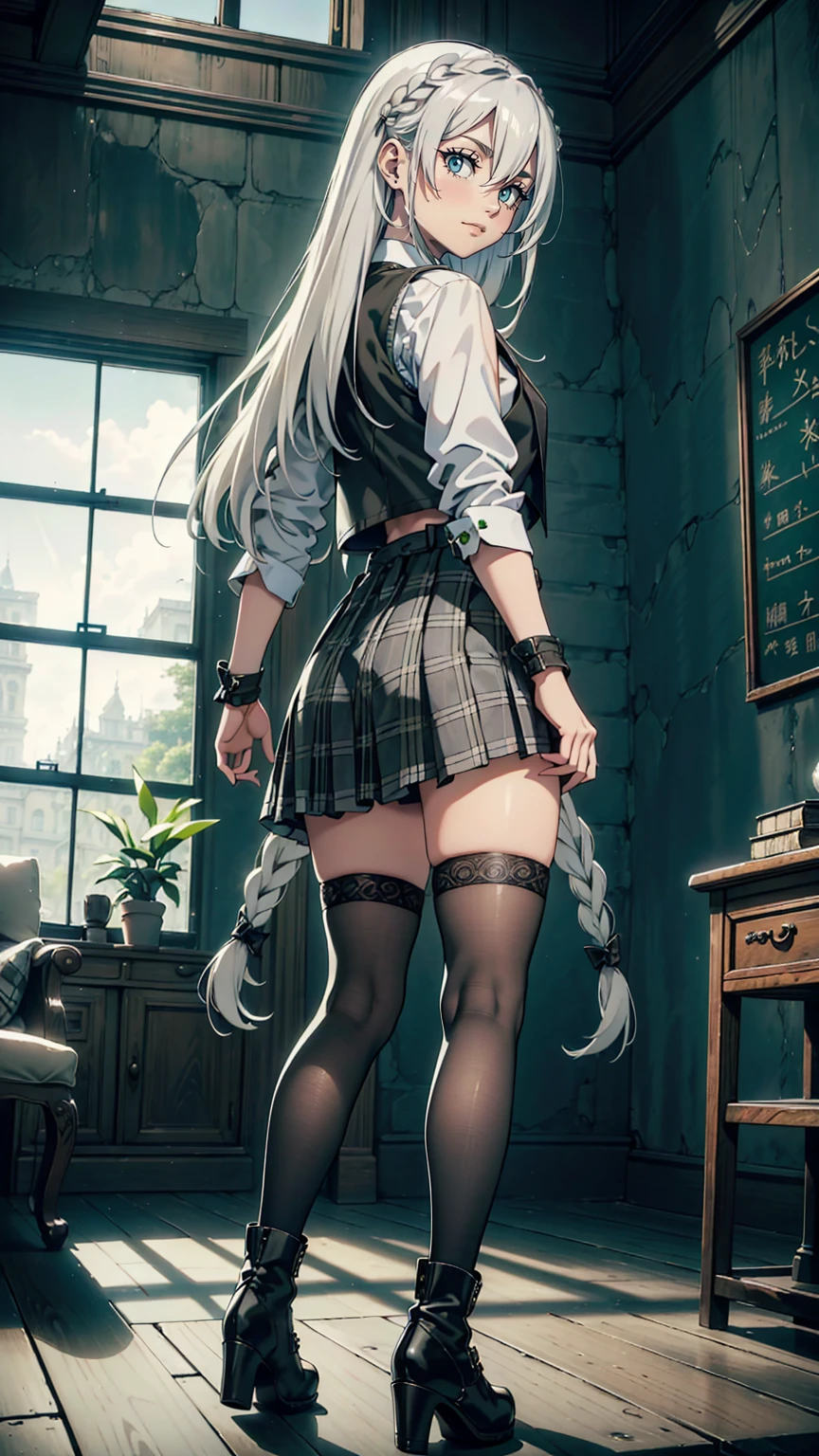 最high quality、Ultra High Definition, Ultra High Quality, Hyper Definition, Hyper Quality, Hyper Detailed, Extremely Detailed, Perfectly Detailed, Best image quality、masterpiece、woman((20-year-old、Looking Back Over Shoulder, super dynamic pose , legs bent at the knees, Green glowing eyes, Silver long Hair with a small braids、Disheveled Hair、Long White Hair、Thin,Fingerless Glove、Black School Vest, Shirt, Grey Plaid Skirt, Black Tights, Ankle Boots On Heels, Smirk、 Hair White Flower Barrette, Dressed in school)),high quality、Beautiful art、background((Inside the mansion))、Written boundary depth、movie、Visual Arts、Perfect art、8K,Genuine、