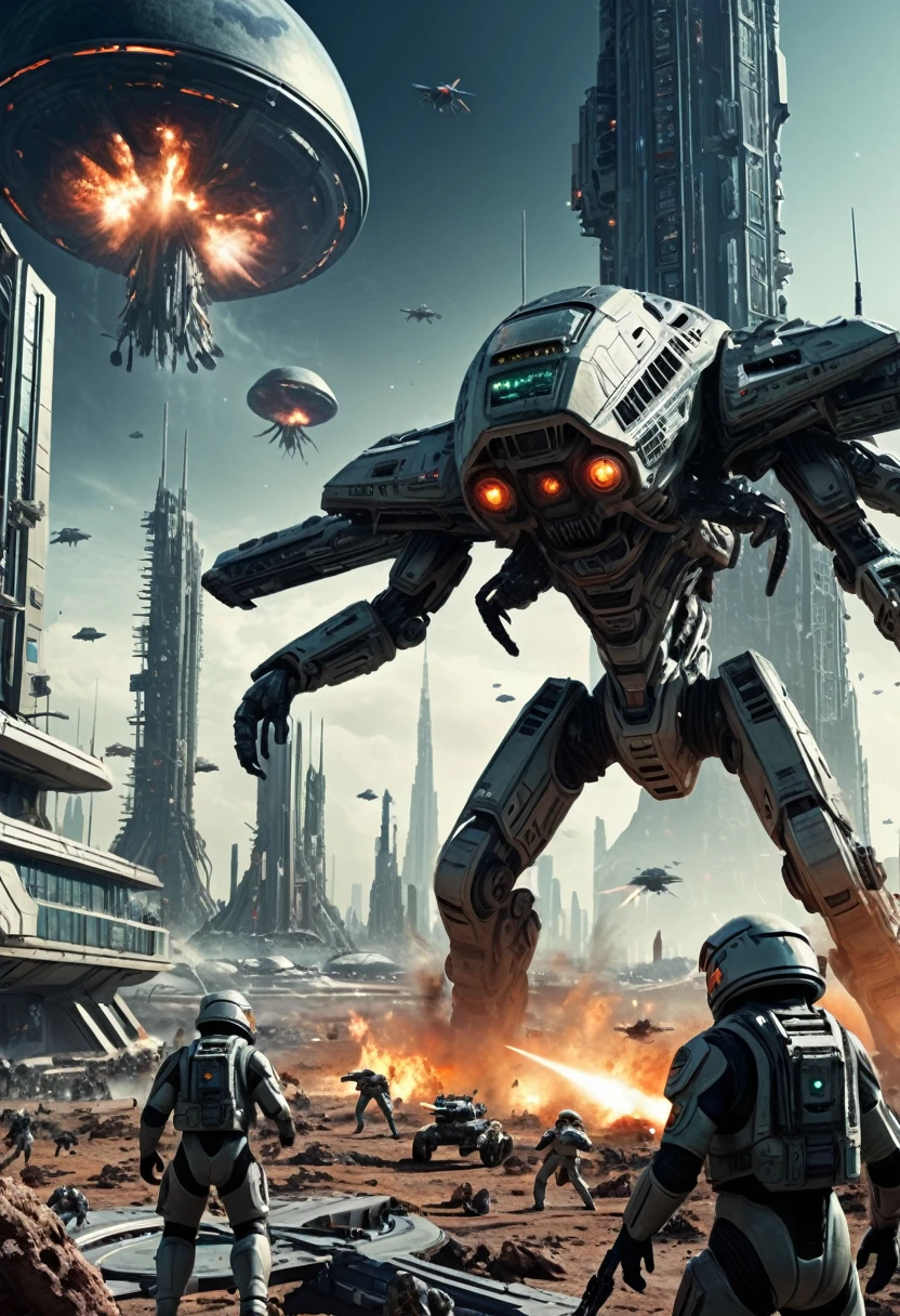 (Space War), sci-fi style, elite teams are guarding legendary relics in a harsh planetary environment. The relics under the starry sky shine brightly, and enemy details are visible. The background is a low-pressure planet surface, (panoramic view), award-winning, cinematic still, emotional, vignette, dynamic, vivid, (masterpiece, best quality, Professional, perfect composition, very aesthetic, absurdres, ultra-detailed, intricate details:1.3)