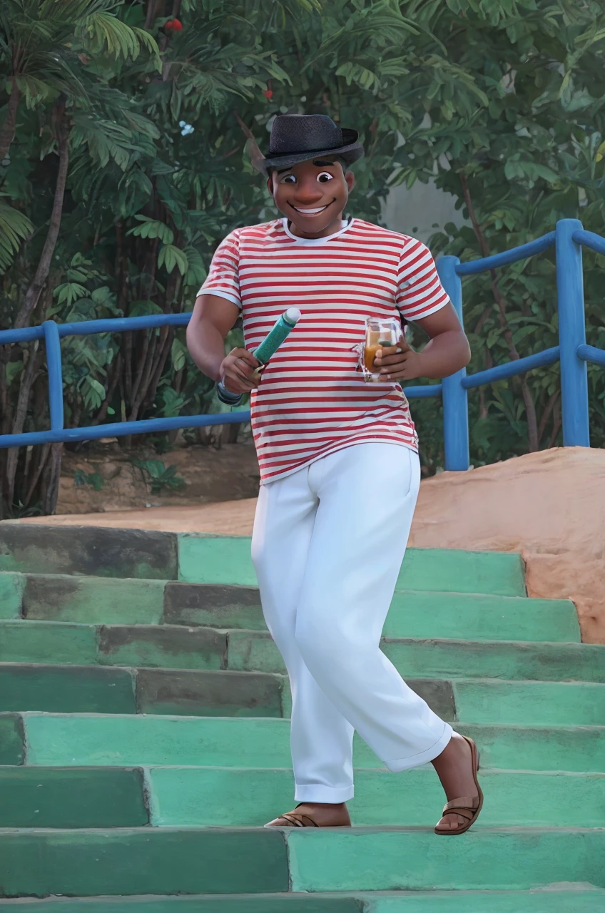 Illustration of a black MAN, Grinning, with black Panama hat, horizontally striped t-shirt in white and red, White pants, holding a glass of beer and a cane in his hands 