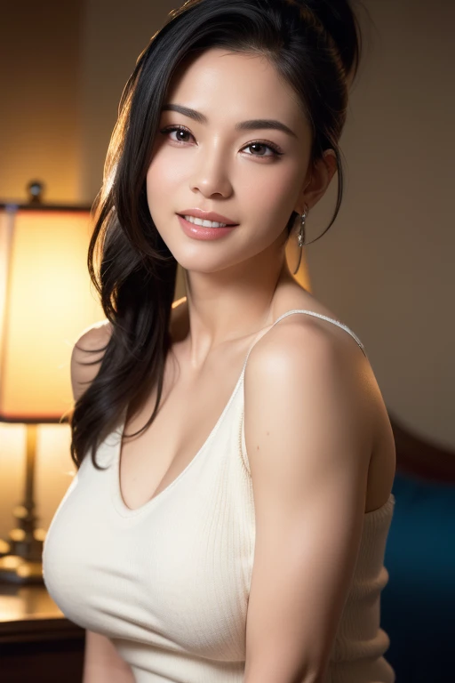 a gorgeous busty woman, ponytail, topless tanktop, beautiful detailed smile, beautiful detailed teeth, POV, lover, cinematic dramatic lighting, (best quality,4k,8k,highres,masterpiece:1.2),ultra-detailed,(realistic,photorealistic,photo-realistic:1.37),HDR,UHD,studio lighting,ultra-fine painting,sharp focus,physically-based rendering,extreme detail description,professional,vivid colors,bokeh,portrait,photorealistic,cinematic