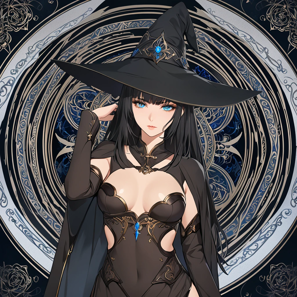 masterpiece, best quality, 1woman adult, female focus, solo, black hair, vibrant blue eyes, long hair, looking at viewer, closed mouth, bangs, Fantasy aesthetics, Highly detailed, shadowverse style, black attire, sorceress
