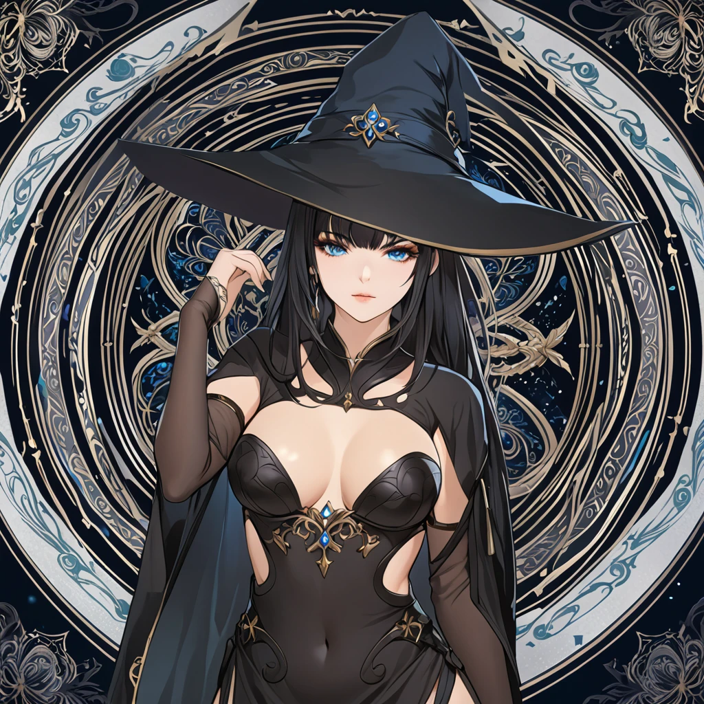 masterpiece, best quality, 1woman adult, female focus, solo, black hair, vibrant blue eyes, long hair, looking at viewer, closed mouth, bangs, Fantasy aesthetics, Highly detailed, shadowverse style, black attire, sorceress