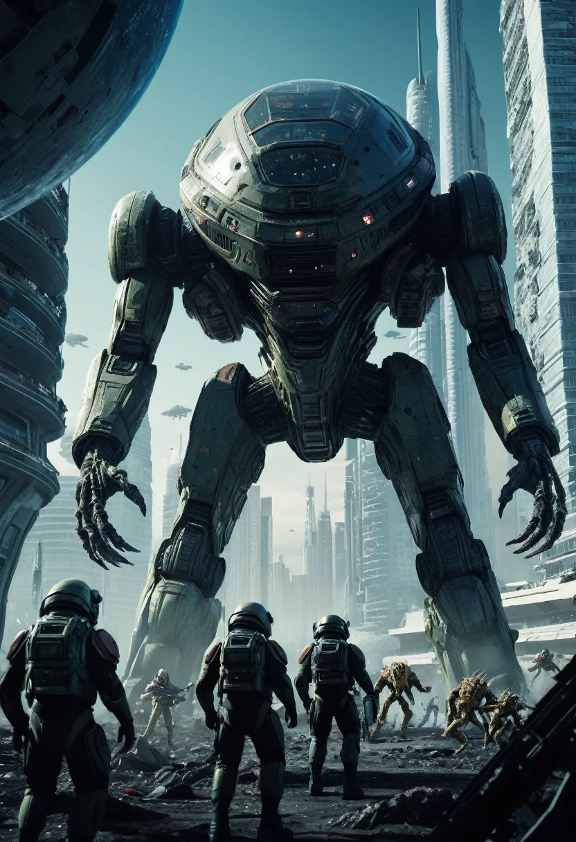 (Space War), sci-fi style, elite teams are guarding legendary relics in a harsh planetary environment. The relics under the starry sky shine brightly, and enemy details are visible. The background is a low-pressure planet surface, (panoramic view), award-winning, cinematic still, emotional, vignette, dynamic, vivid, (masterpiece, best quality, Professional, perfect composition, very aesthetic, absurdres, ultra-detailed, intricate details:1.3)