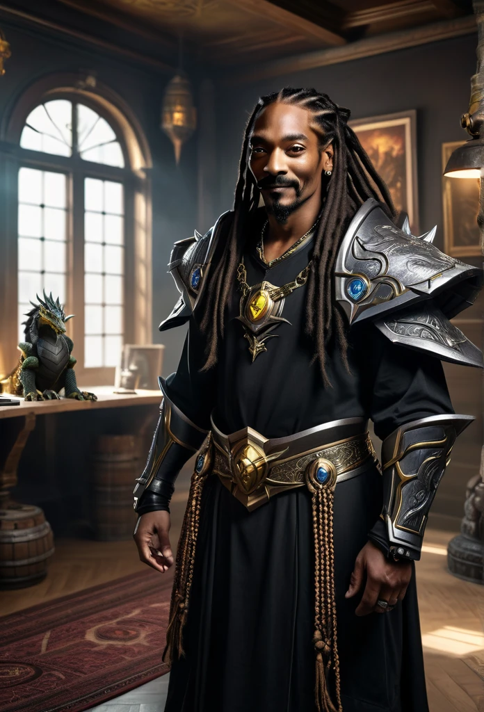 robot with dreadlocks and a black shirt in a room, inspired by Rajmund Kanelba, from warcraft, as a medieval fantasy character, with leonidas beard, snoop dogg as a mage, snoop dogg in mortal kombat, similar to hagrid, a big dragon ao fundo 