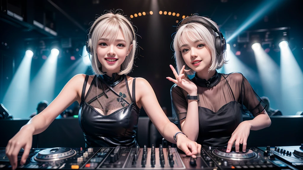 (ultra - detailed, 16K resolution, Cinema lenses, rendering by octane), (high resolution:1.18), intricate detail, (masterpiece:1.1), (highest quality:1.1), (1girl, portrait, white hair, blue eyes, short hair, detailed eyes),Wearing silver DJ headphones, Shiny silver sequined T-shirt, (Iconic hip-hop pop costumes:1.3), Smile while DJing on stage, full body shot of, The spotlight shines on the female DJ. Photorealistic photography by Disco Lighting, (cute round face:1.3), perfect fingers, five fingers, beautiful hands, perfect hands. master peace, cute smile.