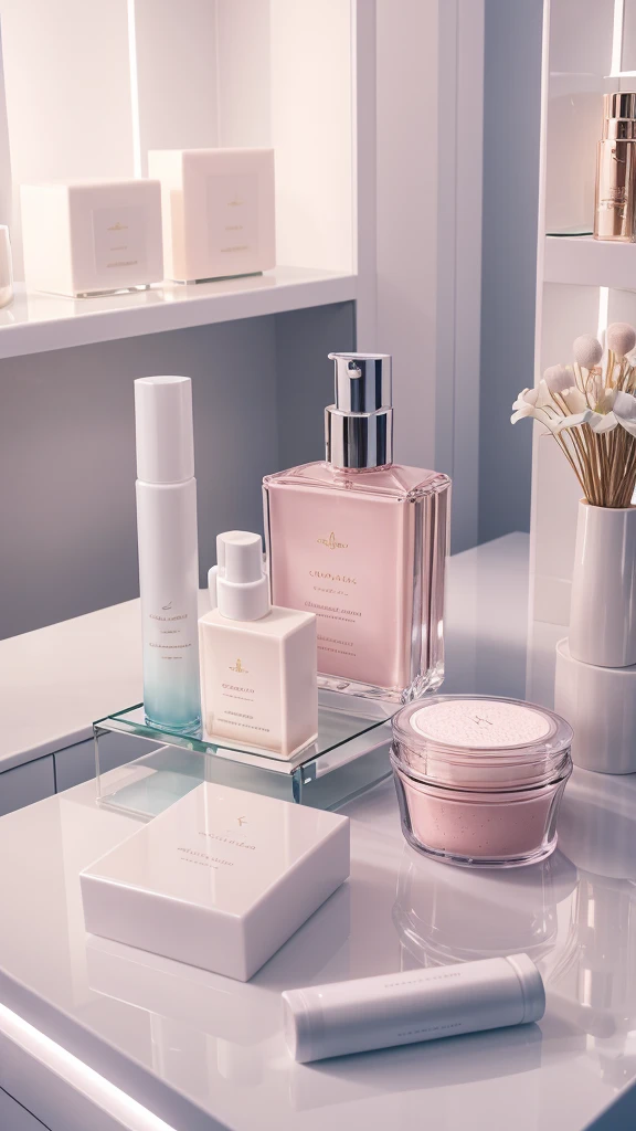 a luxurious skincare product display, elegant clean cosmetics, high-end beauty items, cosmetic packaging, pastel colors, glass bottles, natural ingredients, smooth clean surface, premium quality, serene ambient lighting, luxury brand logo, 4k, photorealistic, professional product photography