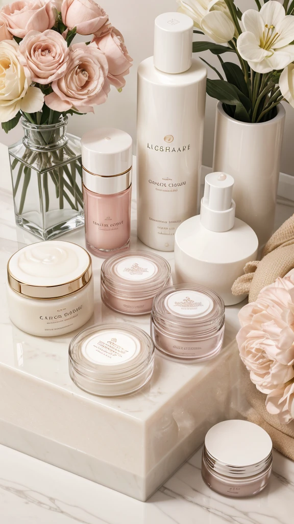 a luxurious skincare product display, elegant clean cosmetics, high-end beauty items, cosmetic packaging, pastel colors, glass bottles, natural ingredients, smooth clean surface, premium quality, serene ambient lighting, luxury brand logo, 4k, photorealistic, professional product photography