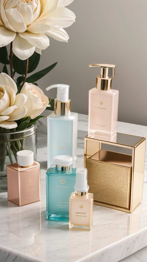 a luxurious skincare product display, elegant clean cosmetics, high-end beauty items, cosmetic packaging, pastel colors, glass bottles, natural ingredients, smooth clean surface, premium quality, serene ambient lighting, luxury brand logo, 4k, photorealistic, professional product photography