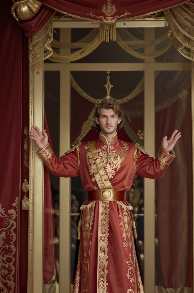 fully body, a man in a red and gold costume in front of a window, imperial royal elegant clothes, Majestade em roupas nobres, aristocratic clothes, red and gold sumptuous garb, wearing gilded red royal robes, very detailed and rich clothing, dressed as emperor, cute androgynous prince, royal outfit, ornate dark red opulent clothing, French emperor, aristocratic appearance Alex Pettyfer