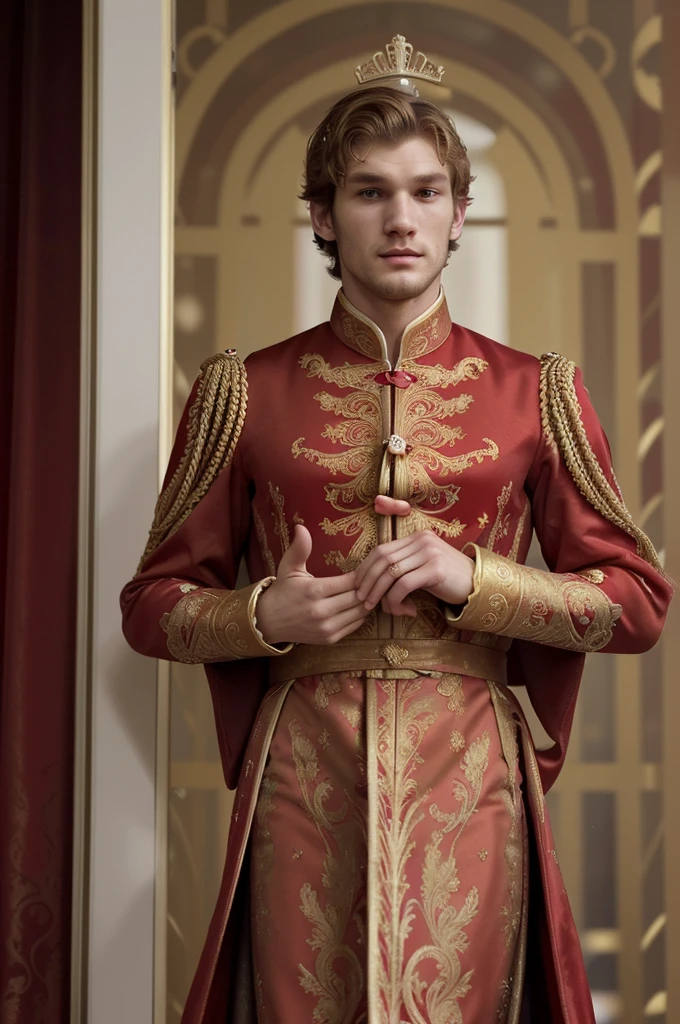 fully body, a man in a red and gold costume in front of a window, imperial royal elegant clothes, Majestade em roupas nobres, aristocratic clothes, red and gold sumptuous garb, wearing gilded red royal robes, very detailed and rich clothing, dressed as emperor, cute androgynous prince, royal outfit, ornate dark red opulent clothing, French emperor, aristocratic appearance Alex Pettyfer
