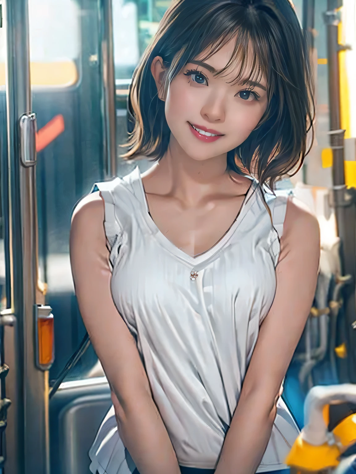 1girl, woman, 25 years old woman, girl in summer clothes, beautiful, medium breasts, flirtatious look, ((very detailed)), (perfectly detailed face), (well detailed hand), photorealistic image, high res, 1girl, woman, ((tanktop jersey:1.78)), looking at viewer:1.8, (1girl eyes looking at viewer:1.55), camisole, Upper body, Plain costumes, Simple Background, Emphasis on the chest, Hands behind the body, White outfit, photorealistic, (bokeh), best quality, 8k, UHD, UHD
