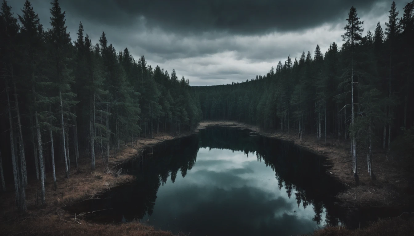 A dark and gloomy forest with a huge view of still water on a full moon night. the image is seen from above