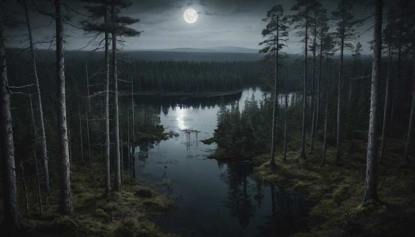 A dark and gloomy forest with a huge view of still water on a full moon night. the image is seen from above
