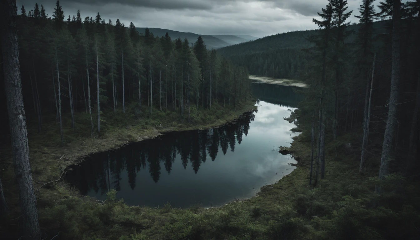 A dark and gloomy forest with a huge view of still water on a full moon night. the image is seen from above