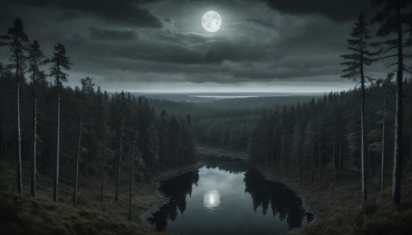 A dark and gloomy forest with a huge view of still water on a full moon night. the image is seen from above
