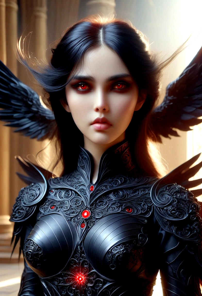 Best Quality Masterpiece A Woman Angel Warrior Gothic Incredibly Beautiful Long Red Eyes Black Hair Black Wings Wearing Black Clothes And Armor Corrupt Angel Woman In An Intricate Cathedral Utra Detailed 8K Extremely Realistic And Detailed