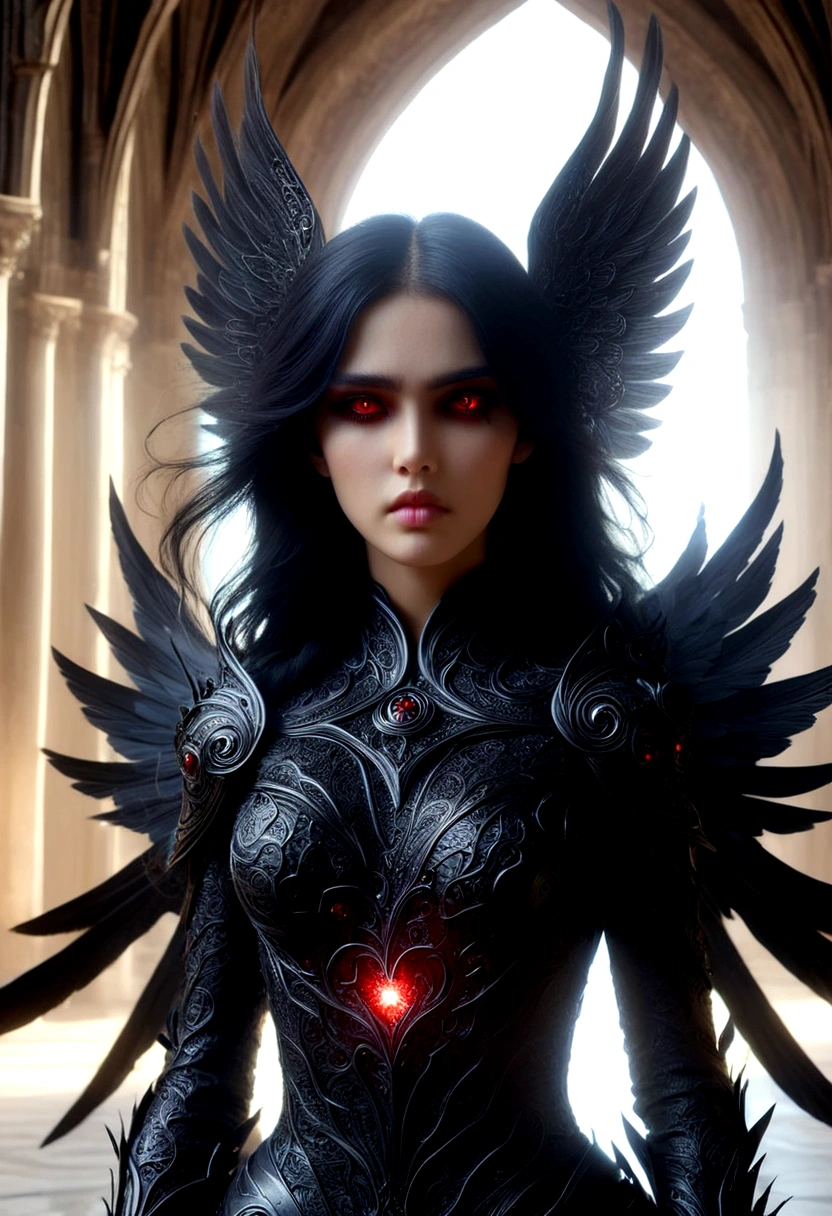 Best Quality Masterpiece A Woman Angel Warrior Gothic Incredibly Beautiful Long Red Eyes Black Hair Black Wings Wearing Black Clothes And Armor Corrupt Angel Woman In An Intricate Cathedral Utra Detailed 8K Extremely Realistic And Detailed