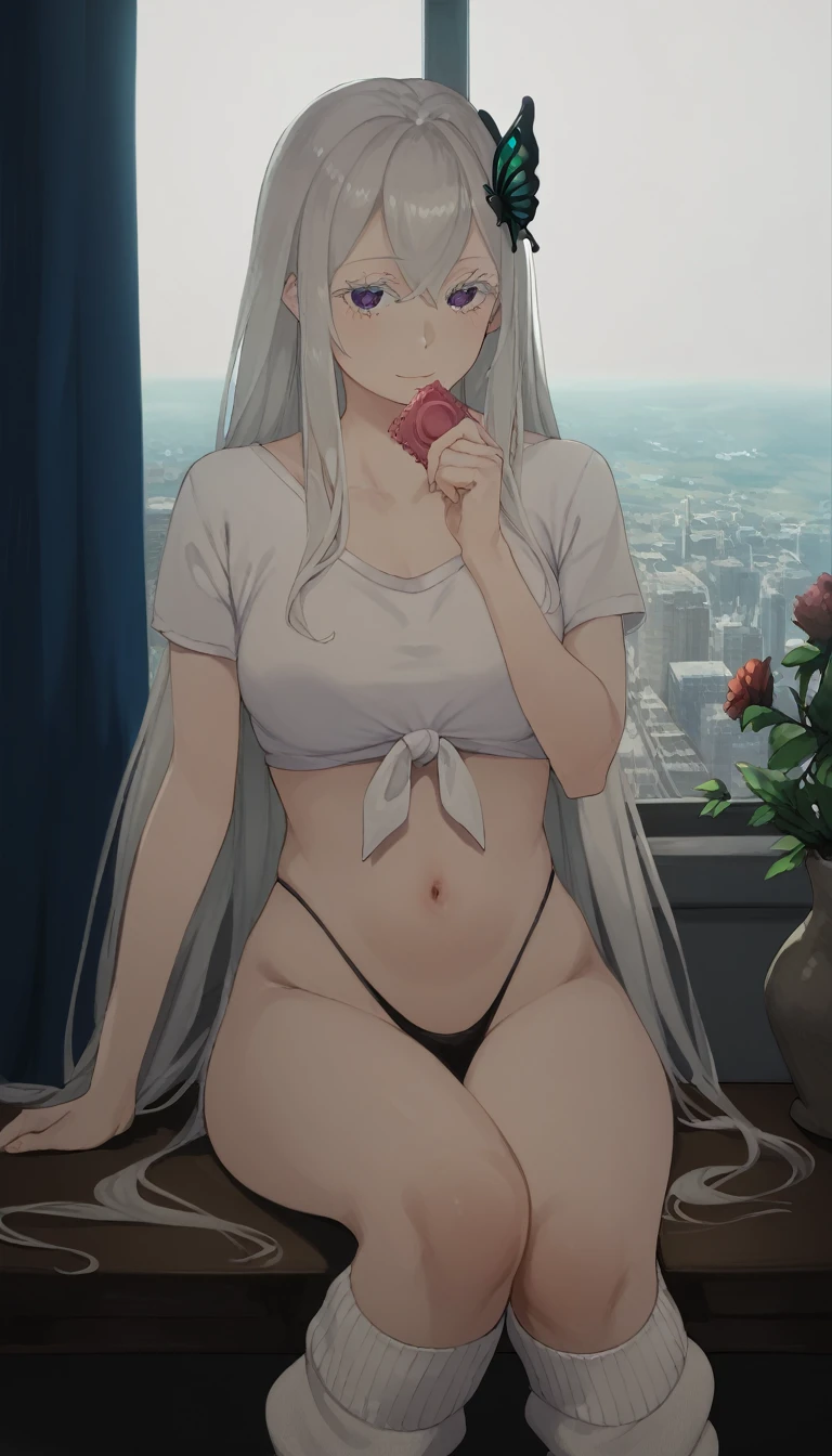 score_9, score_8_up, score_7_up, score_6_up, uncensored, Echidia, absurdly long hair, purple eyes, silver hair, colored eyelashes, very long hair, butterfly hair ornament, BREAK (masterpiece:1.2), best quality, high resolution, (detailed eyes:1.3), perfect lighting, (perfect hands, perfect anatomy), sitting on table, holding condom, front-tie top, white crop top, short sleeves, miniskirt, pleated skirt, thong leotard, white leg warmers, indoors, evening, window, cityscape