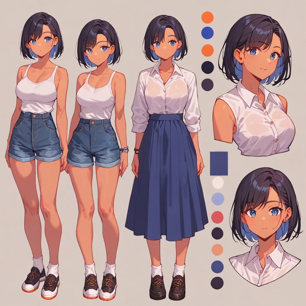 score_9, score_8_up, score_7_up, score_6_up, score_5_up, score_4_up, BREAK source_anime, 1girl, Medium length black hair, plum, Creative design, full body, Reference sheet, Character sheet